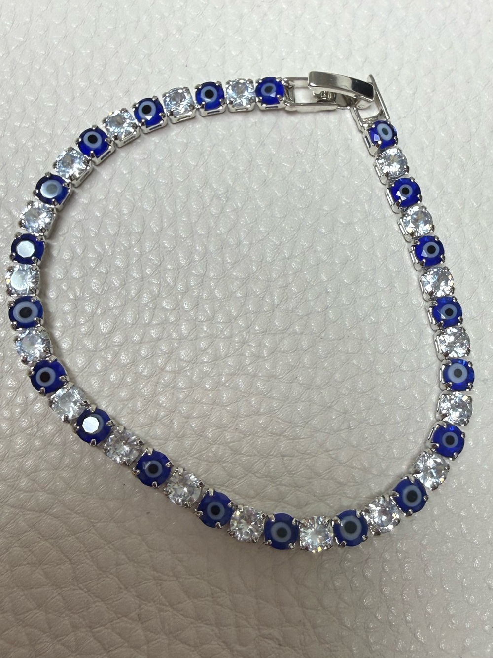 18K White Gold Plated Blue Evil Eye Tennis Bracelet with Clear Stones NEW